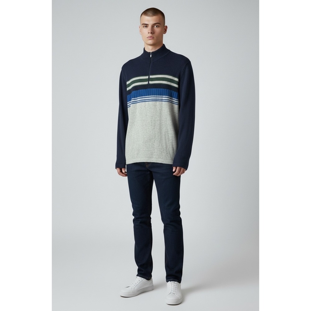 Eddie Bauer Mens Quarter Zip Sweater Navy Blue Gray‎ Stripe Wool Blend XL